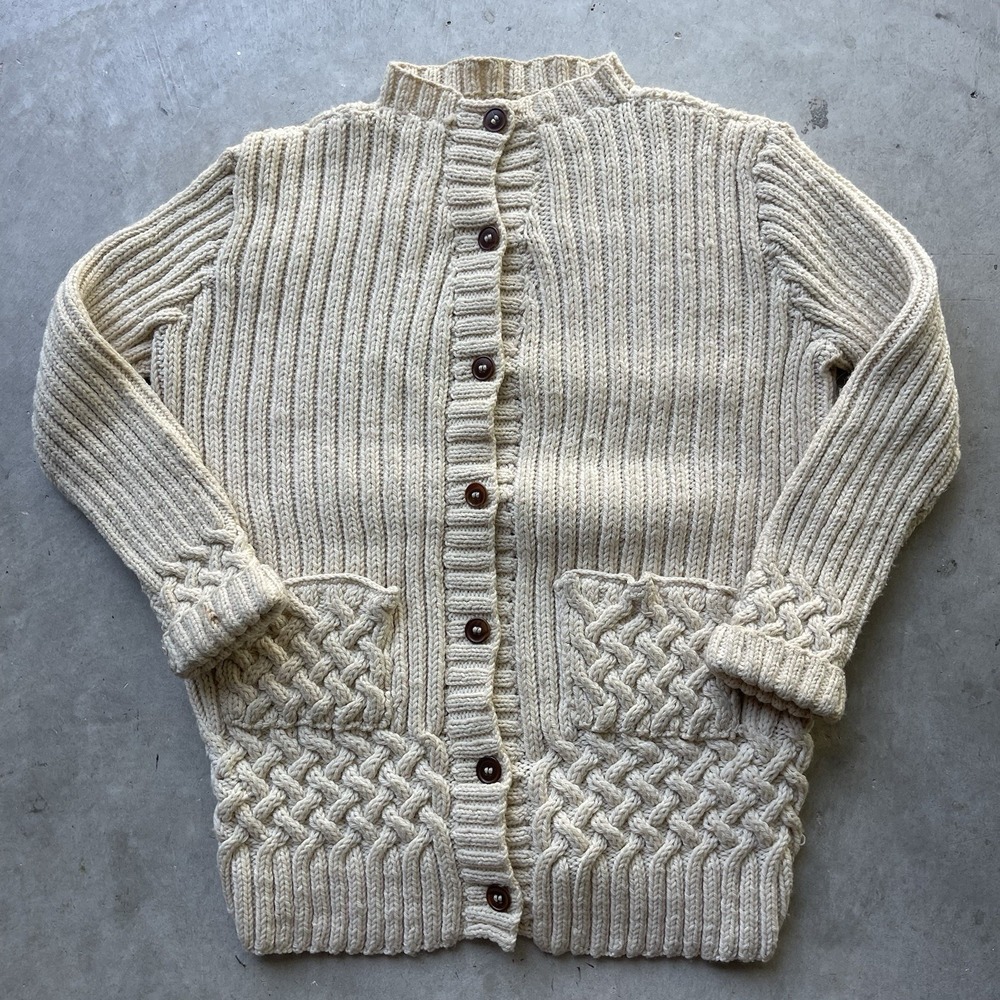 Vintage 50s 60s Aran Cardigan Sweater Wool Fisherman Hand Knit Size L Coastal